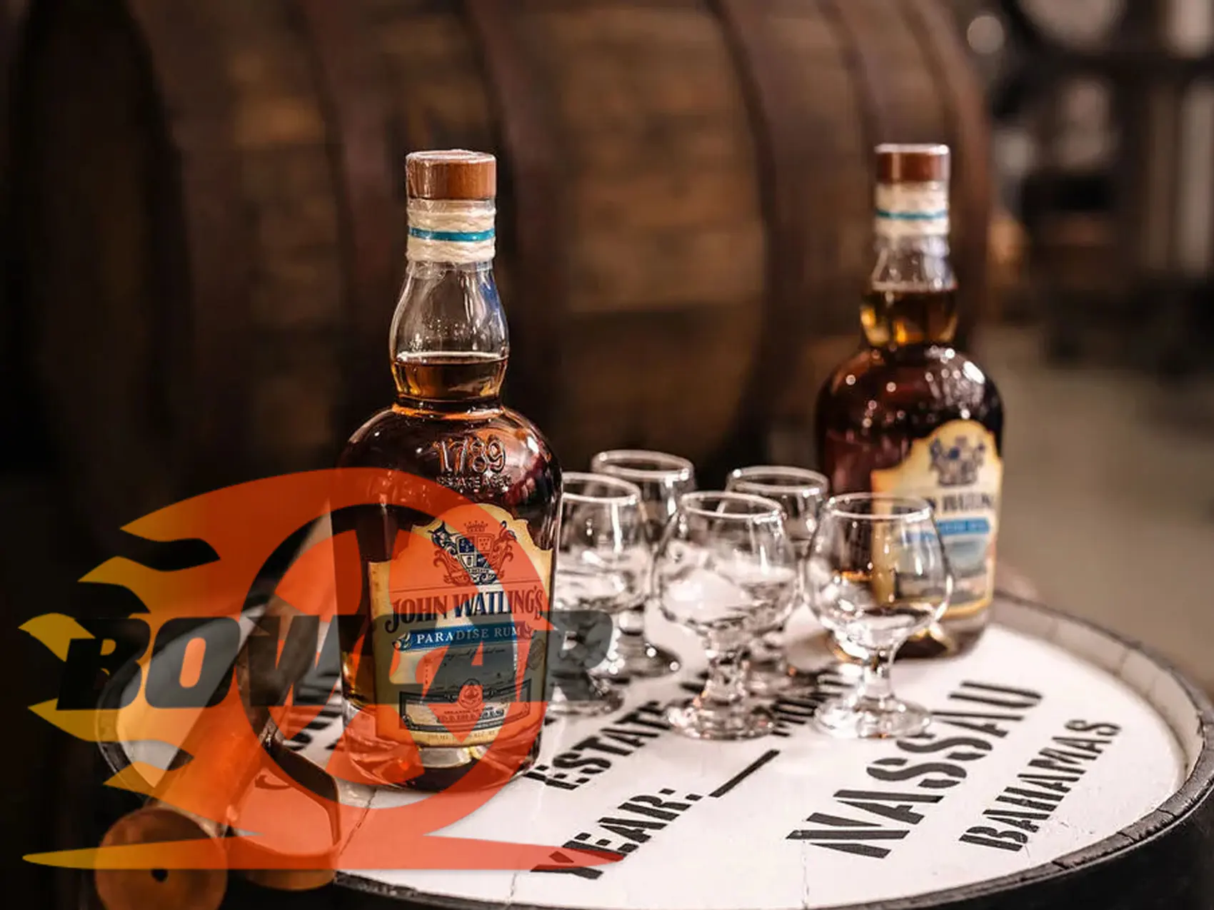 John Watling’s rum bottles and glasses