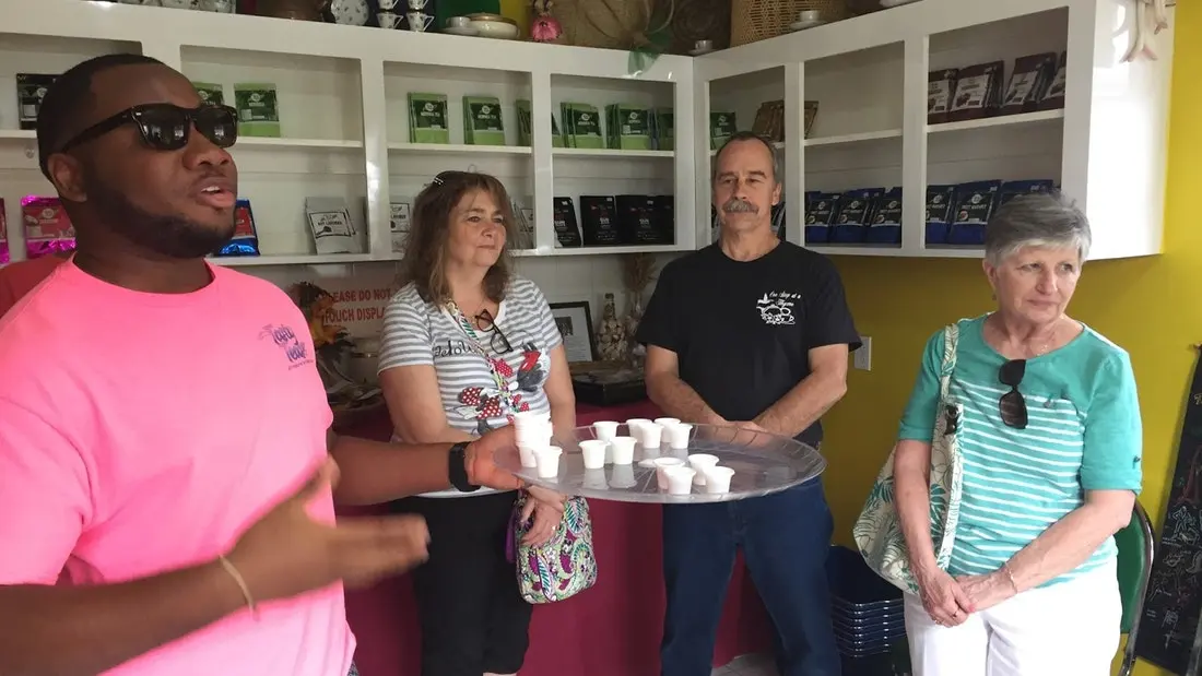 Guests at a tasting counter on a private tour